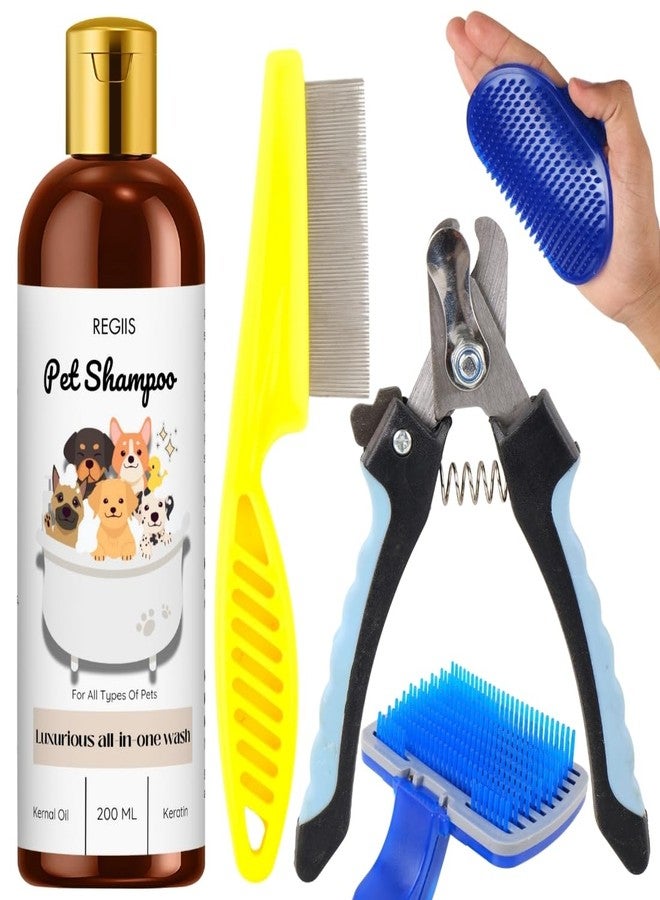 مجموعة ريجيس للعناية بالحيوانات الأليفة، مجموعة من 5 قطع تشمل شامبو، مقص أظافر، مشط للبراغيث، فرشاة سيليكون، فرشاة تنظيف ذاتي للكلاب والقطط، 200 مل - Image 1